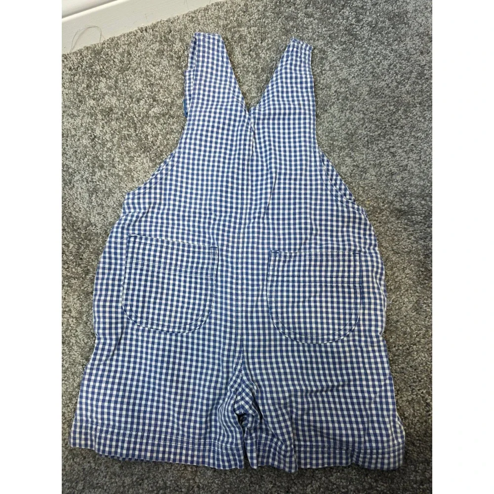 Vintage Gymboree Blue White Gingham Baseball Shortall Overalls Kids Small 90s